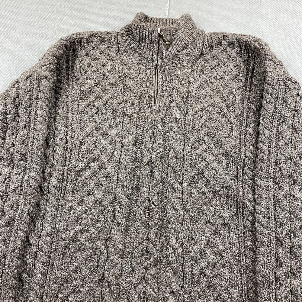 Orvis Sweater Mens XL Ireland 100% Wool 1/4 Zip Brown Cable Knit Fisherman Heavy